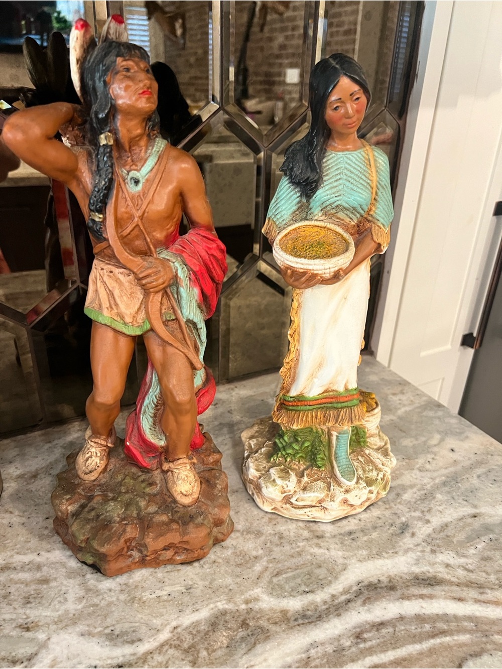 Hand-Painted Native Figure Figurines Set - Turquoise & Red Accents